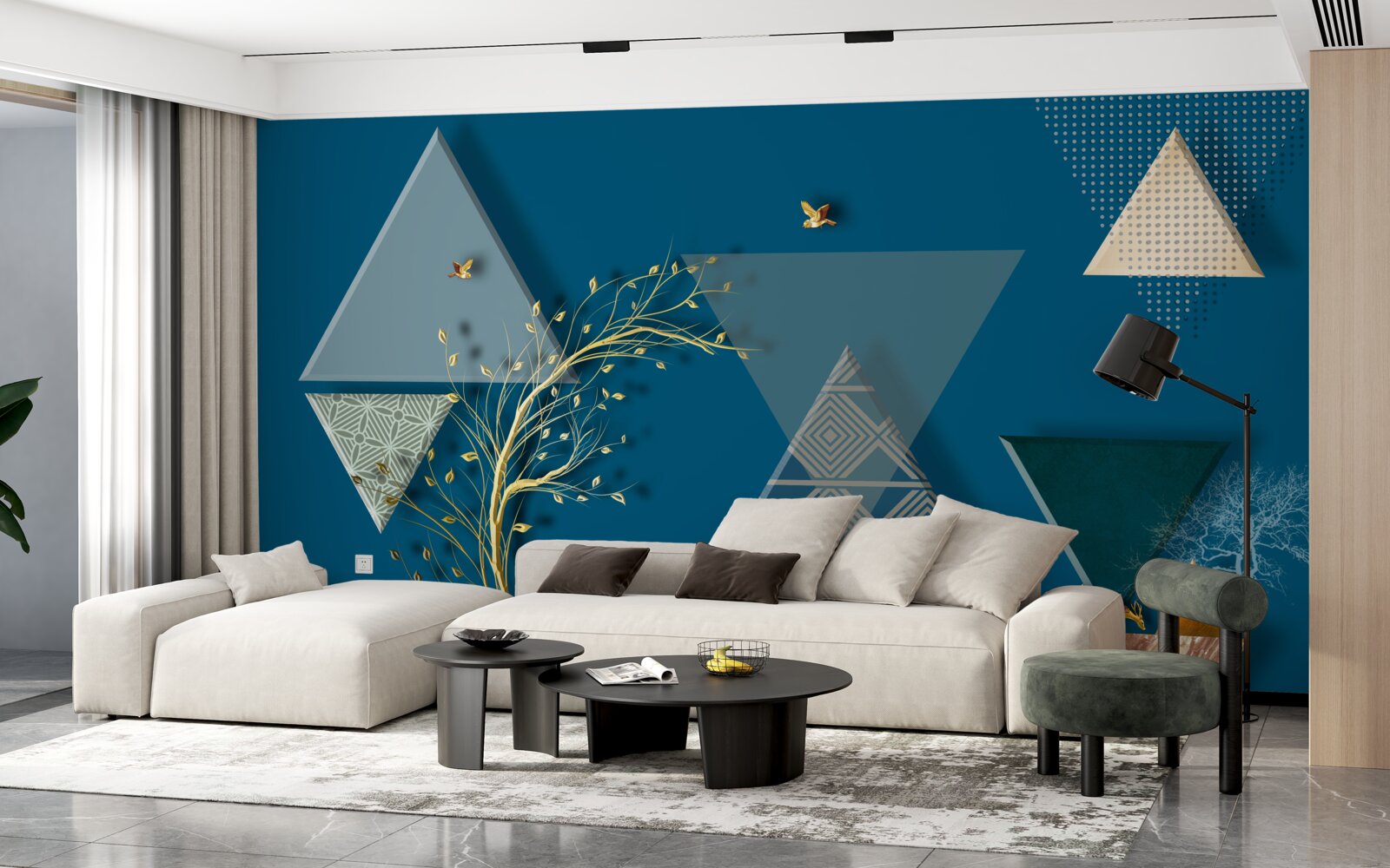 Фотошпалери різні трикутники на синьому тлі