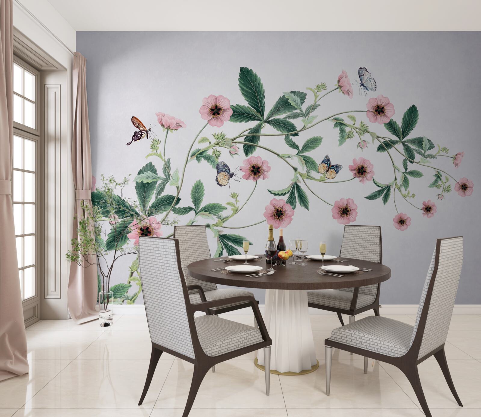 Фотошпалери рожеві бутони на гілках на сірому тлі