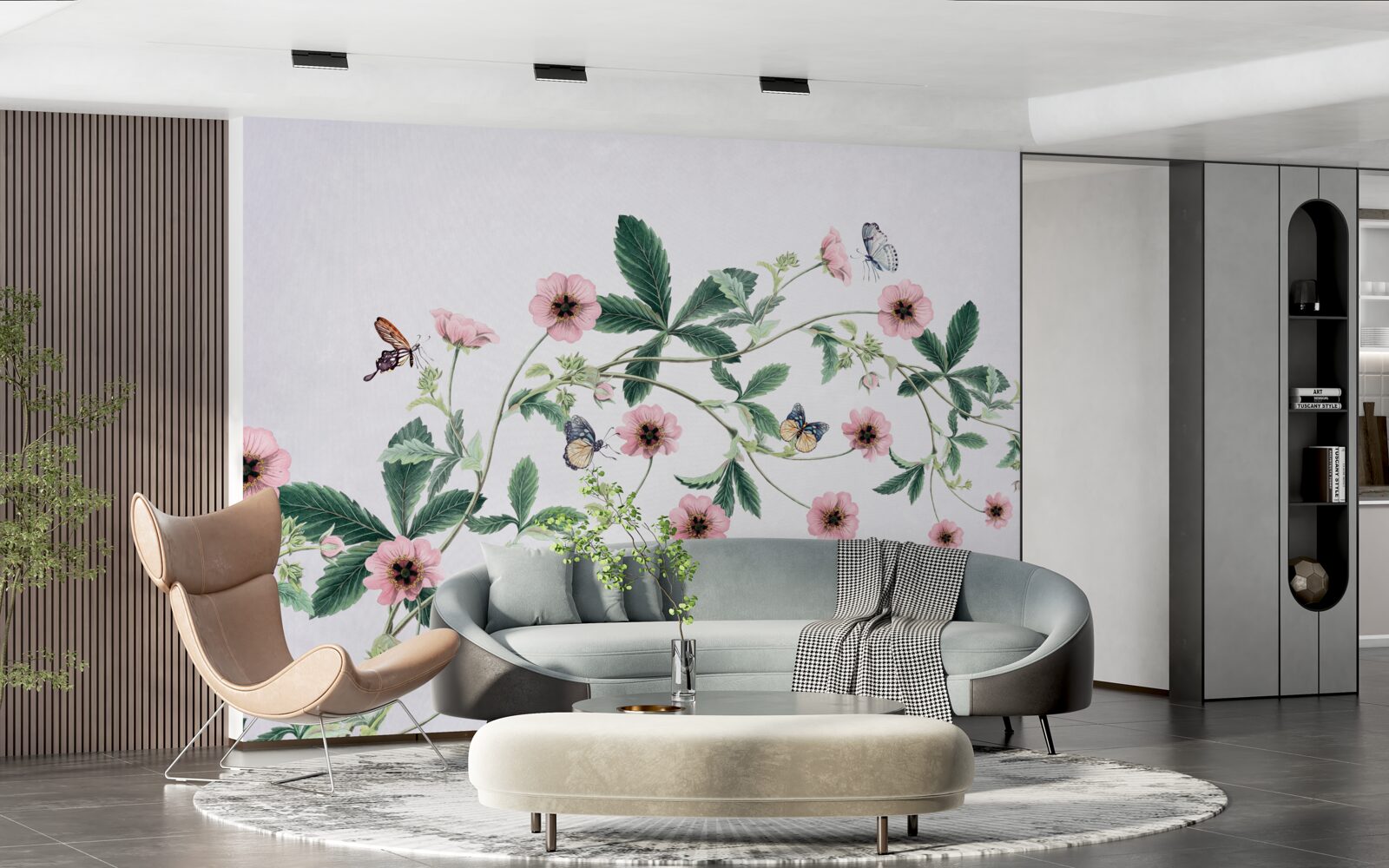 Фотошпалери рожеві бутони на гілках на сірому тлі