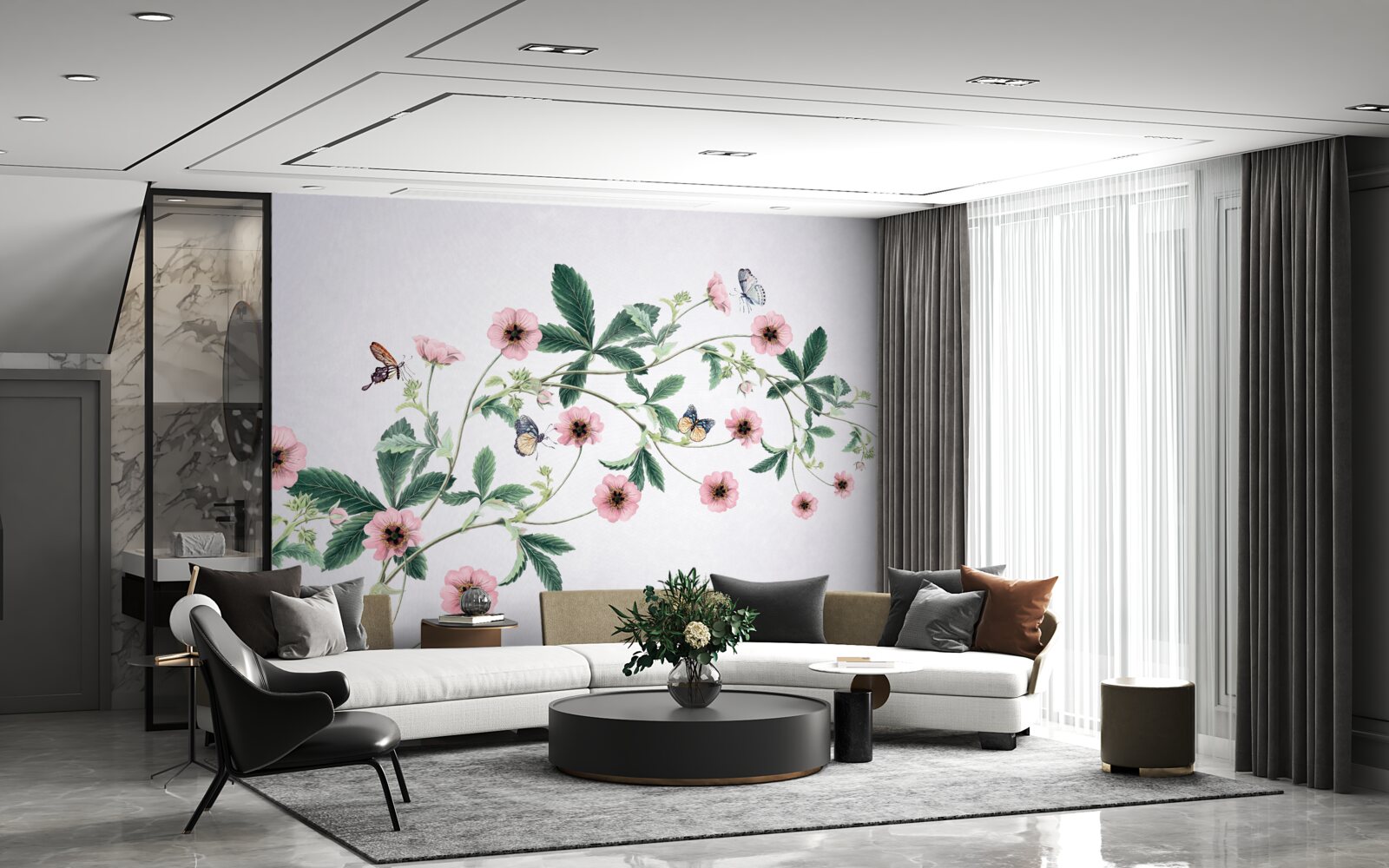 Фотошпалери рожеві бутони на гілках на сірому тлі