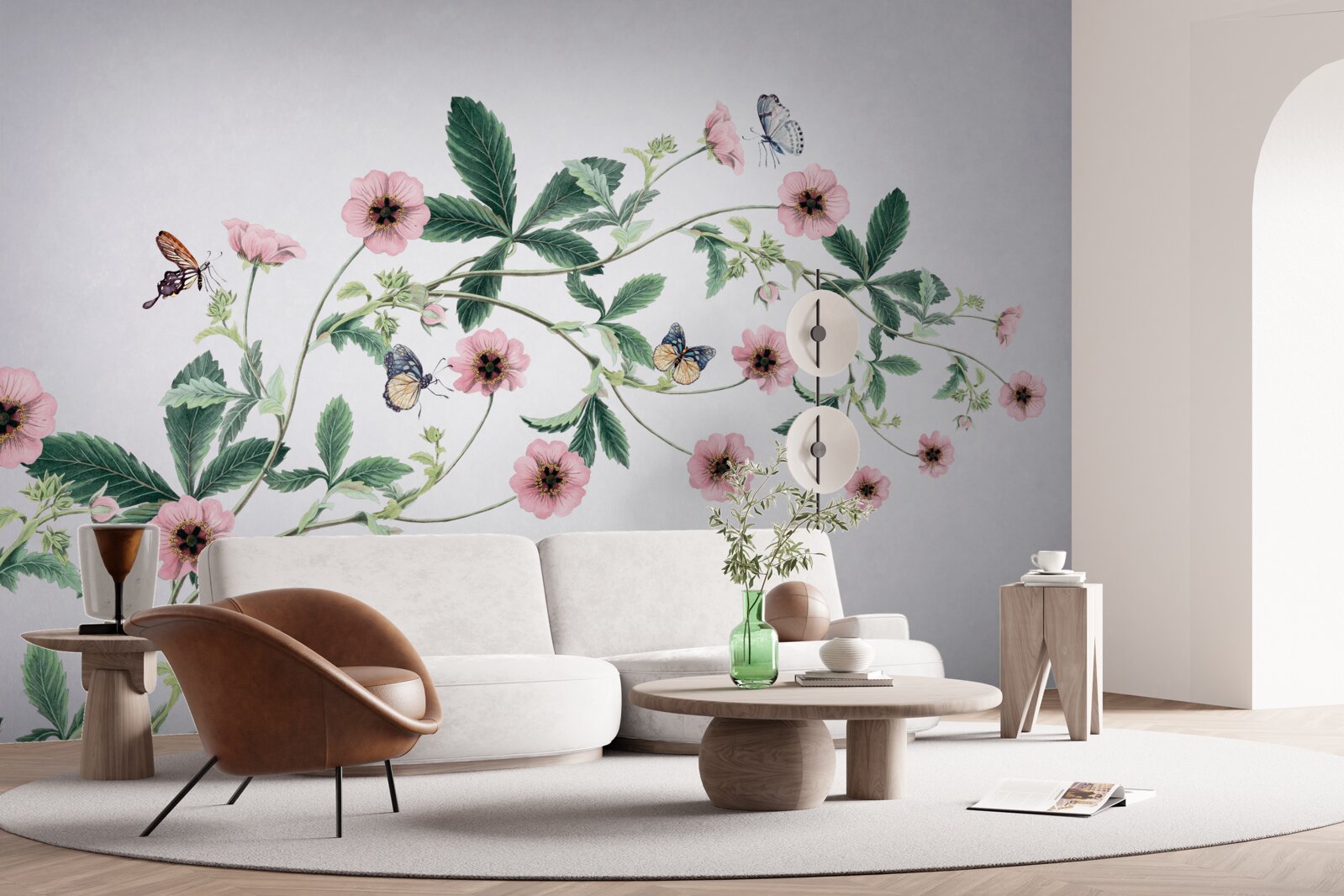 Фотошпалери рожеві бутони на гілках на сірому тлі