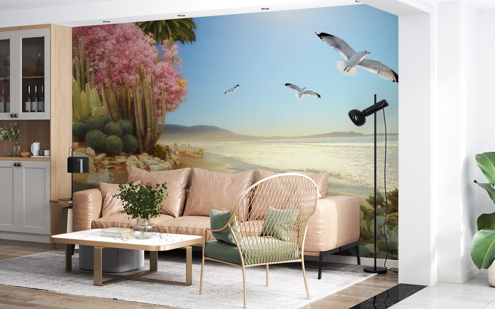 Фотошпалери зграя чайок пролітає над спокійним берегом