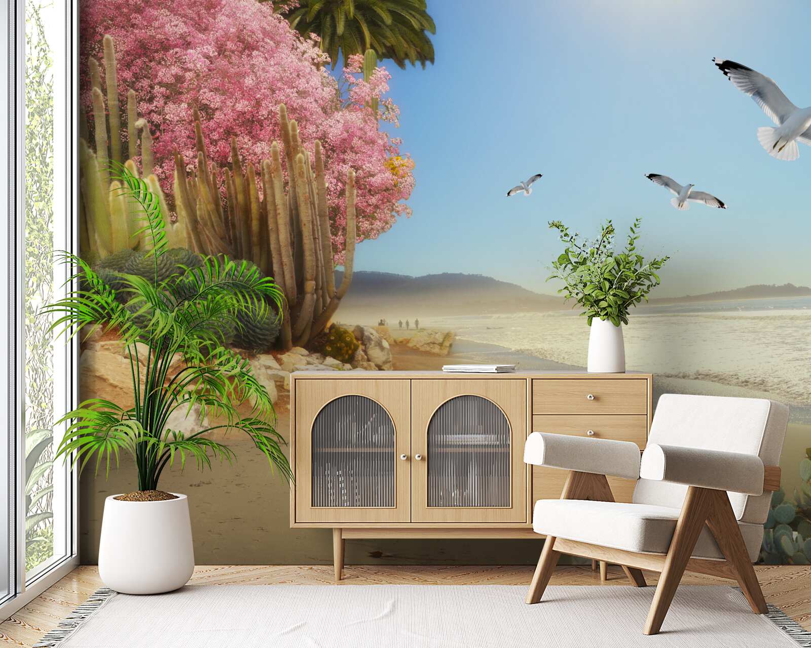 Фотошпалери зграя чайок пролітає над спокійним берегом