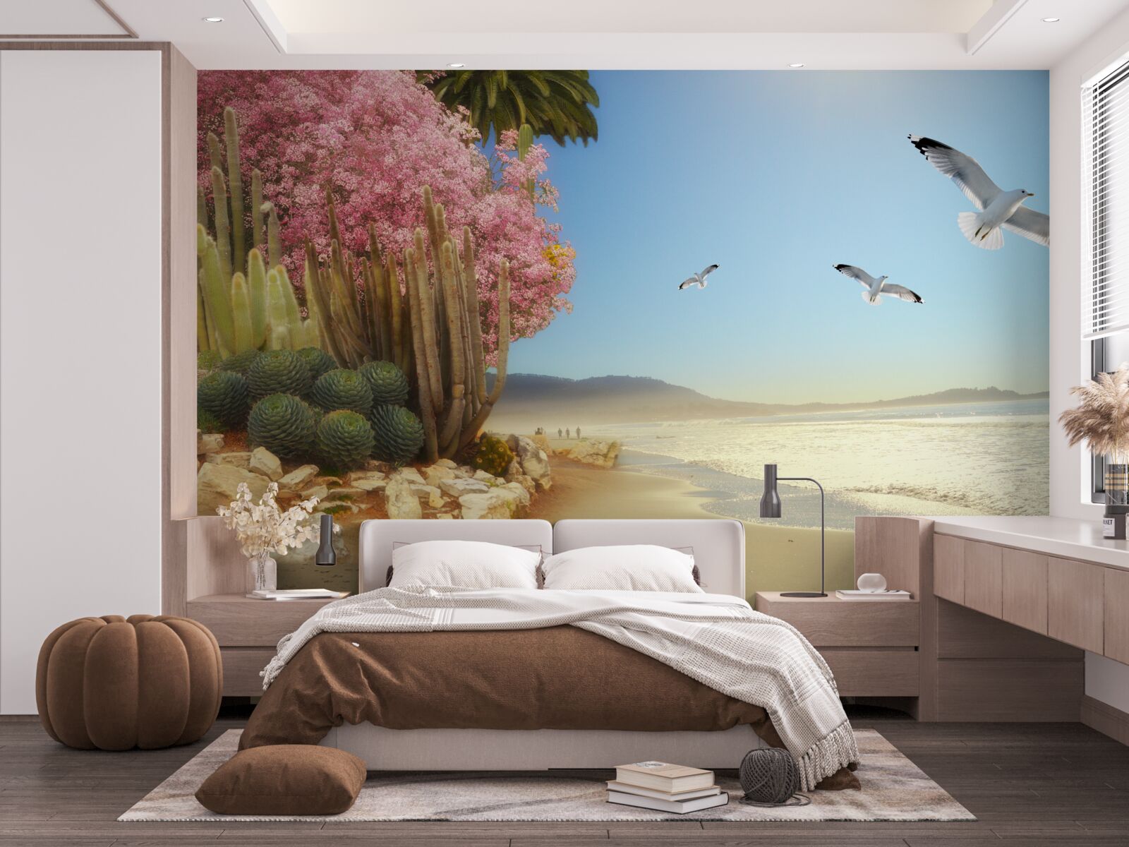 Фотошпалери зграя чайок пролітає над спокійним берегом