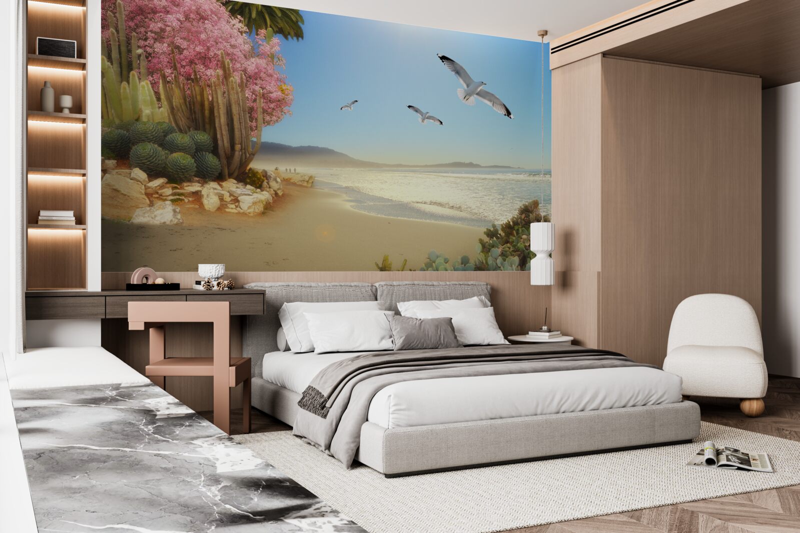 Фотошпалери зграя чайок пролітає над спокійним берегом