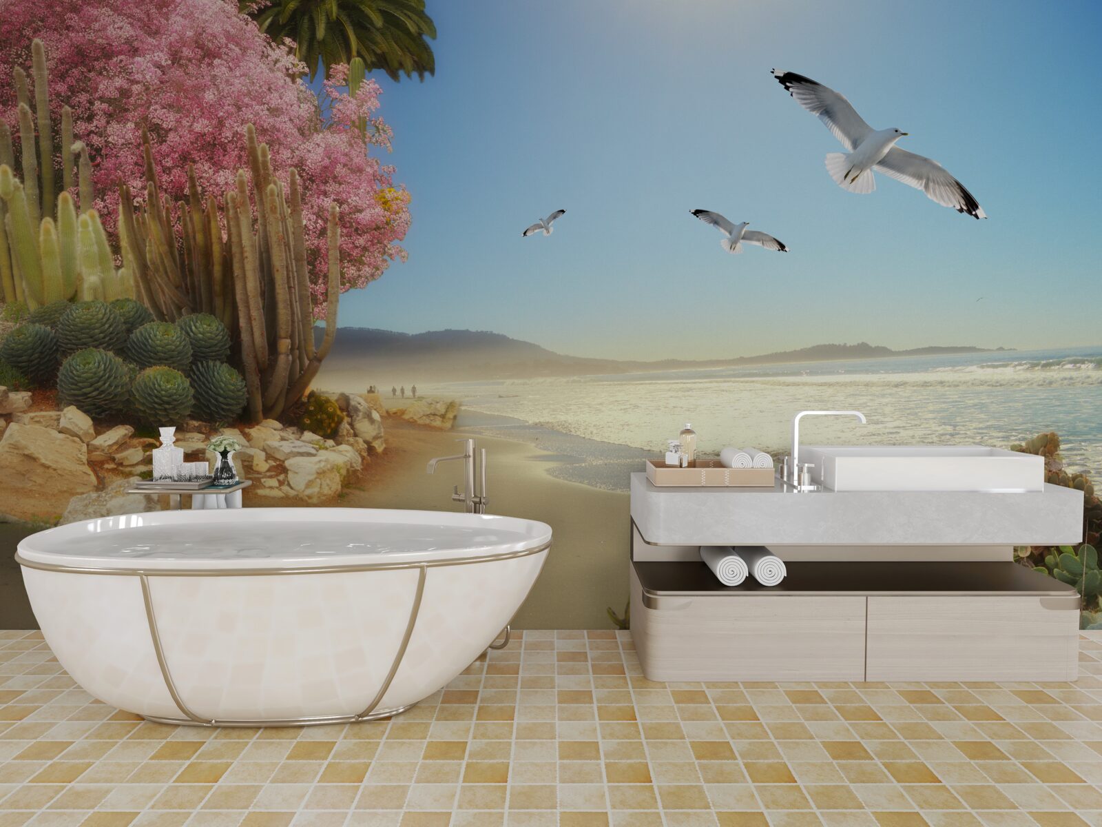 Фотошпалери зграя чайок пролітає над спокійним берегом