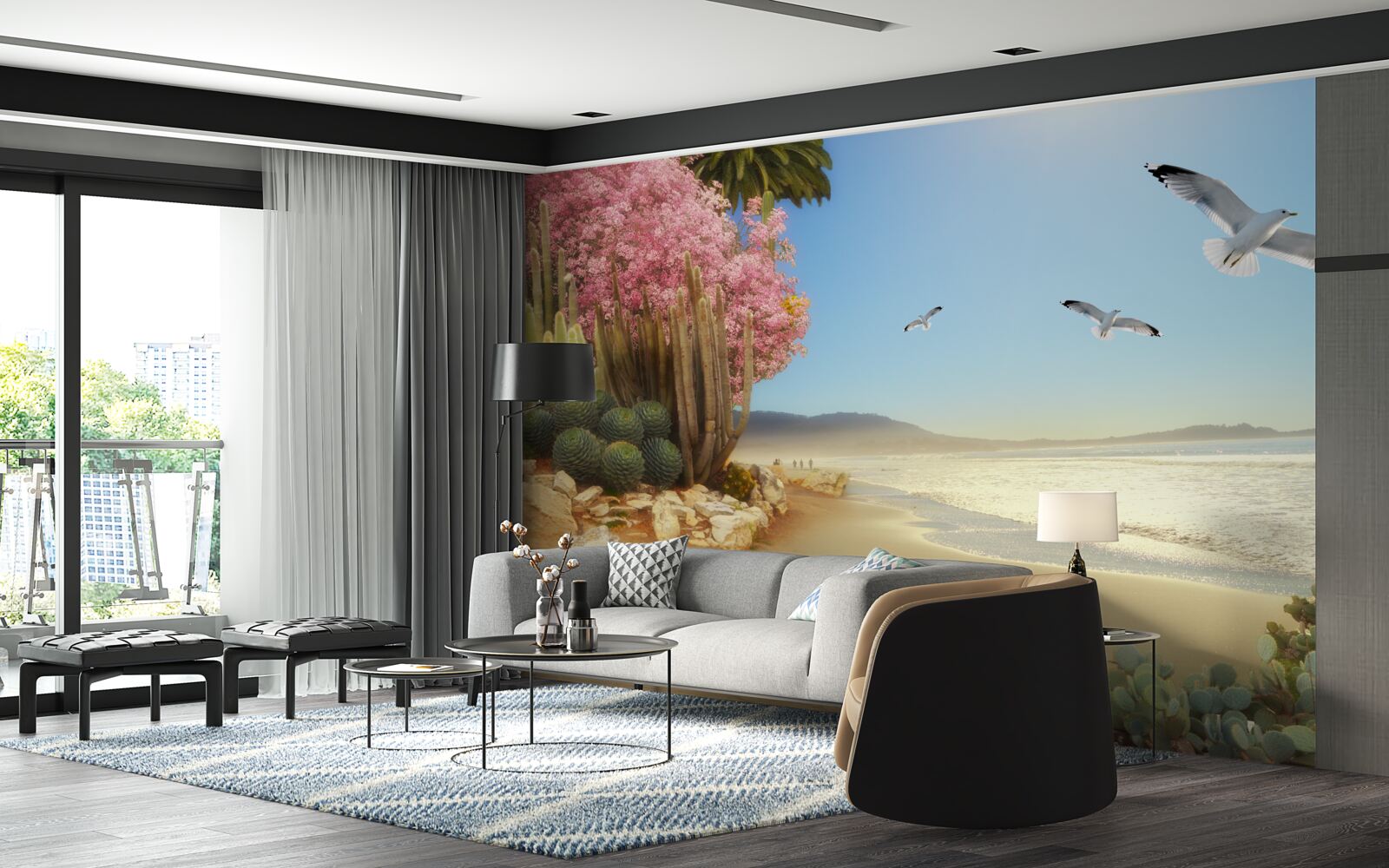 Фотошпалери зграя чайок пролітає над спокійним берегом