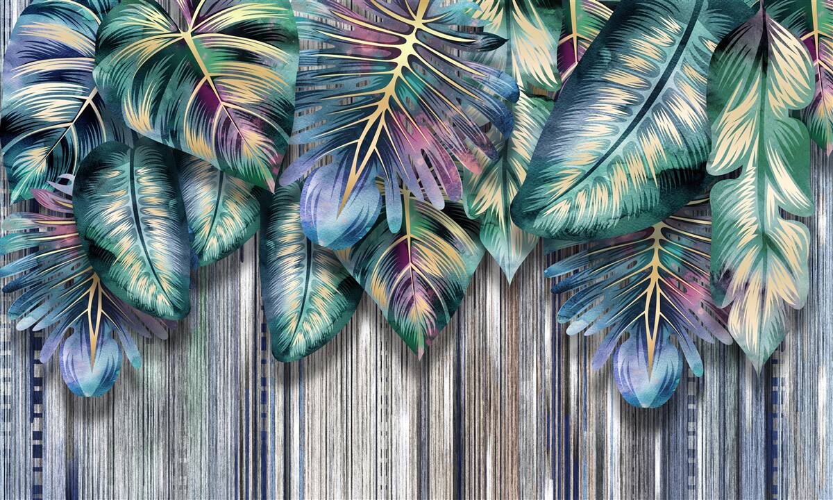 Фотошпалери тропічне листя в яскравих кольорах перевернуте догори дригом