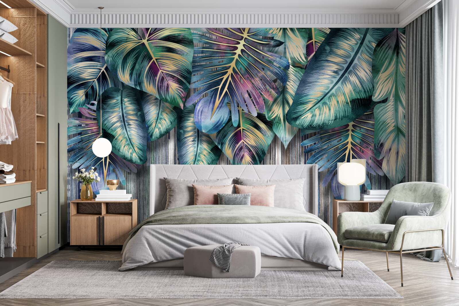 Фотошпалери тропічне листя в яскравих кольорах перевернуте догори дригом