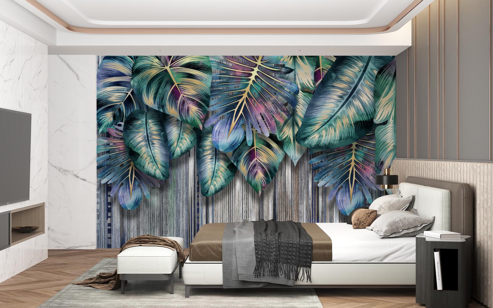 Фотошпалери тропічне листя в яскравих кольорах перевернуте догори дригом