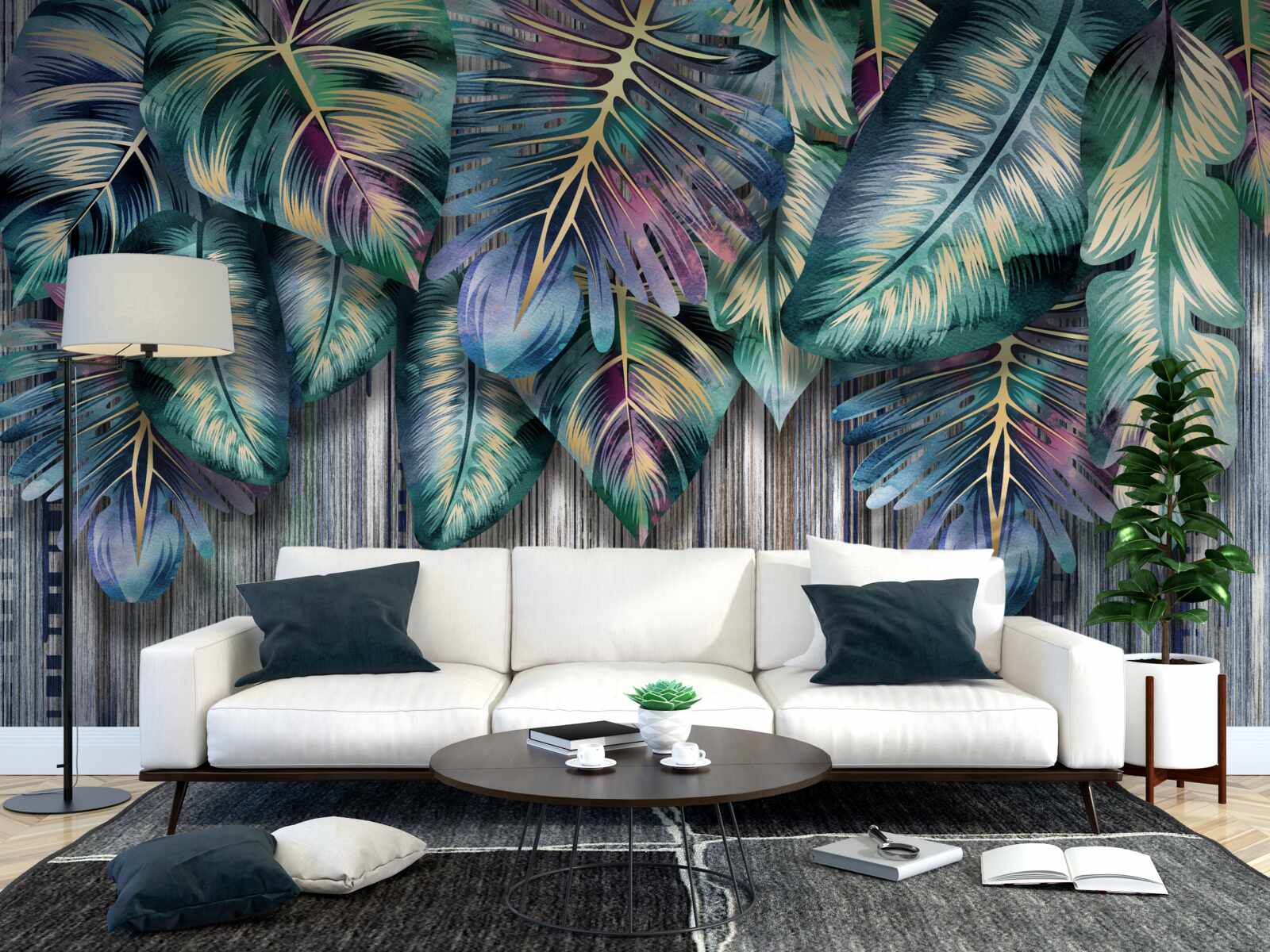 Фотошпалери тропічне листя в яскравих кольорах перевернуте догори дригом