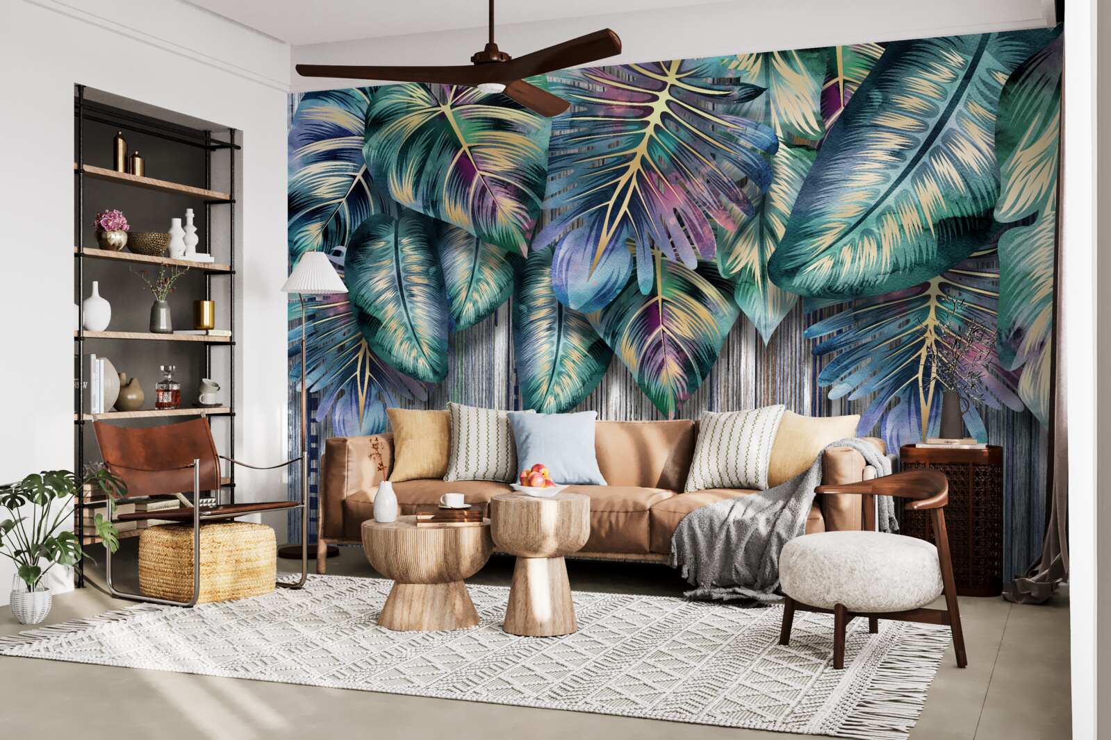 Фотошпалери тропічне листя в яскравих кольорах перевернуте догори дригом