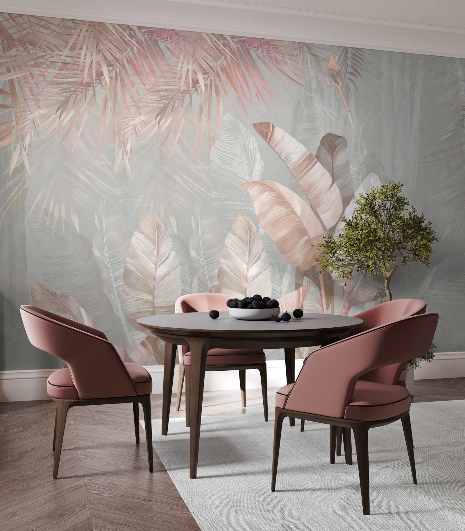 Фотошпалери туман огортає листя тропіків світло-коричневим відтінком