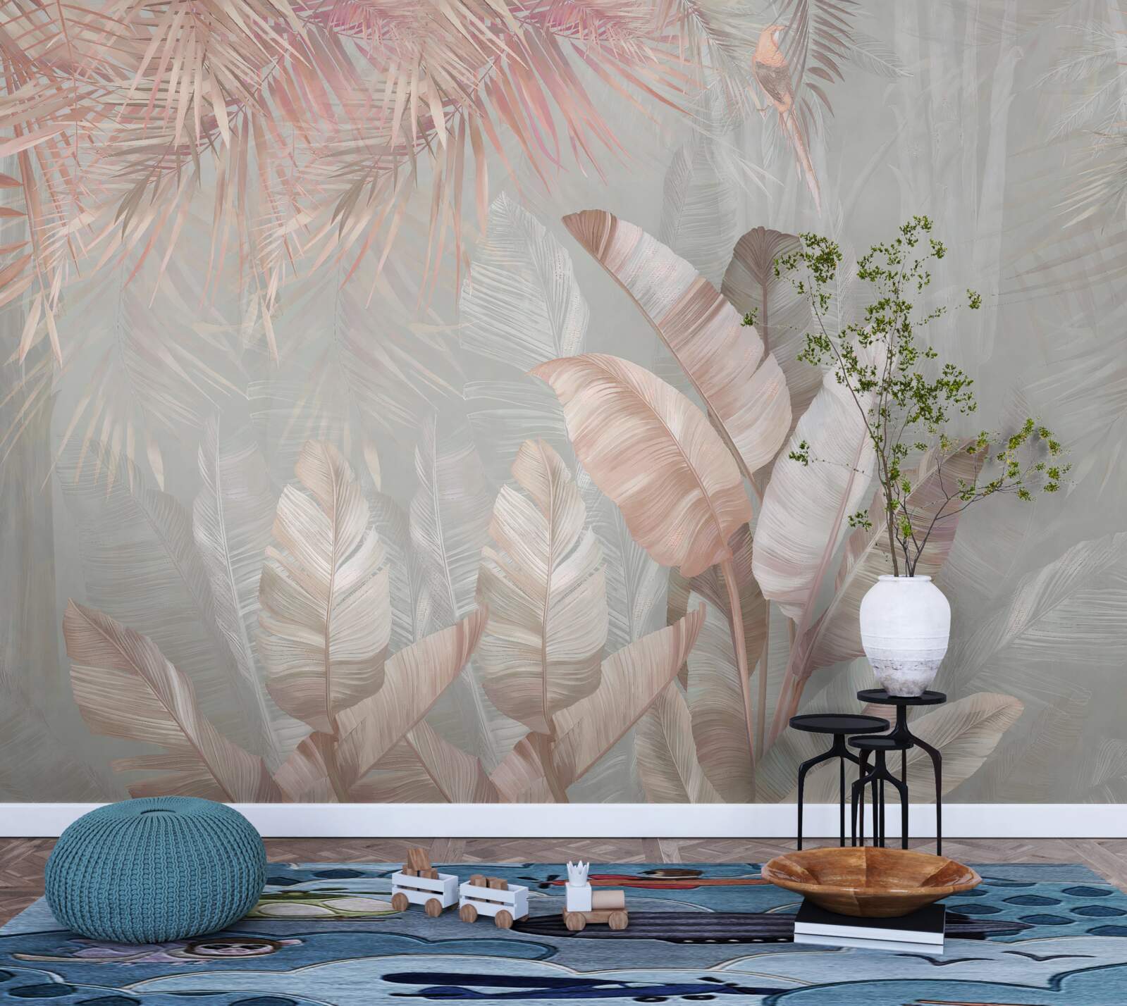 Фотошпалери туман огортає листя тропіків світло-коричневим відтінком