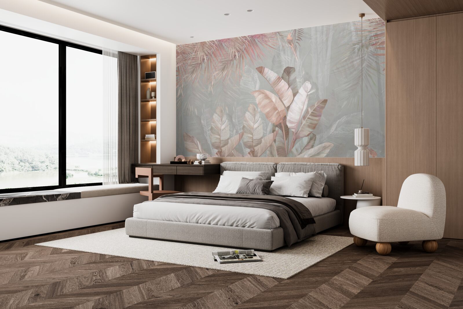 Фотошпалери туман огортає листя тропіків світло-коричневим відтінком