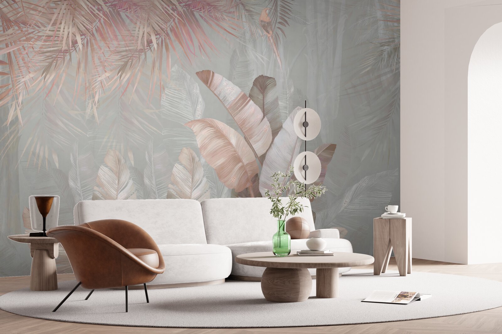 Фотошпалери туман огортає листя тропіків світло-коричневим відтінком