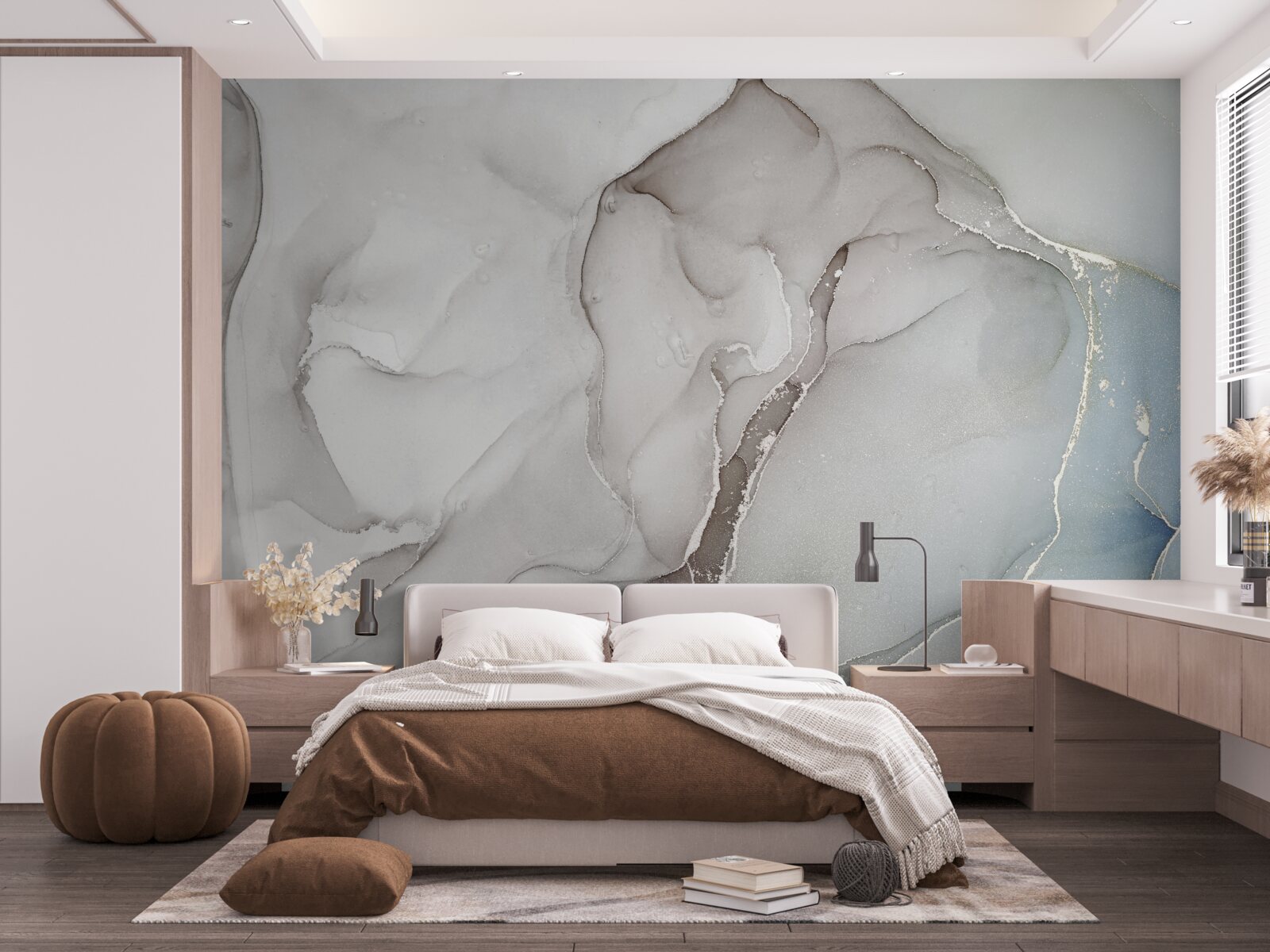 Фотошпалери світло-сірий мармур з вкрапленнями золотих і блакитних тонів