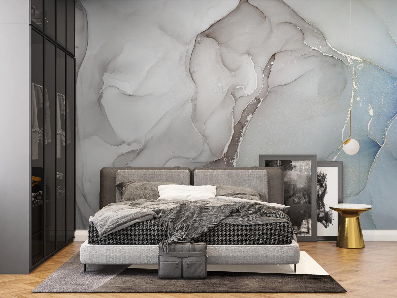 Фотошпалери світло-сірий мармур з вкрапленнями золотих і блакитних тонів