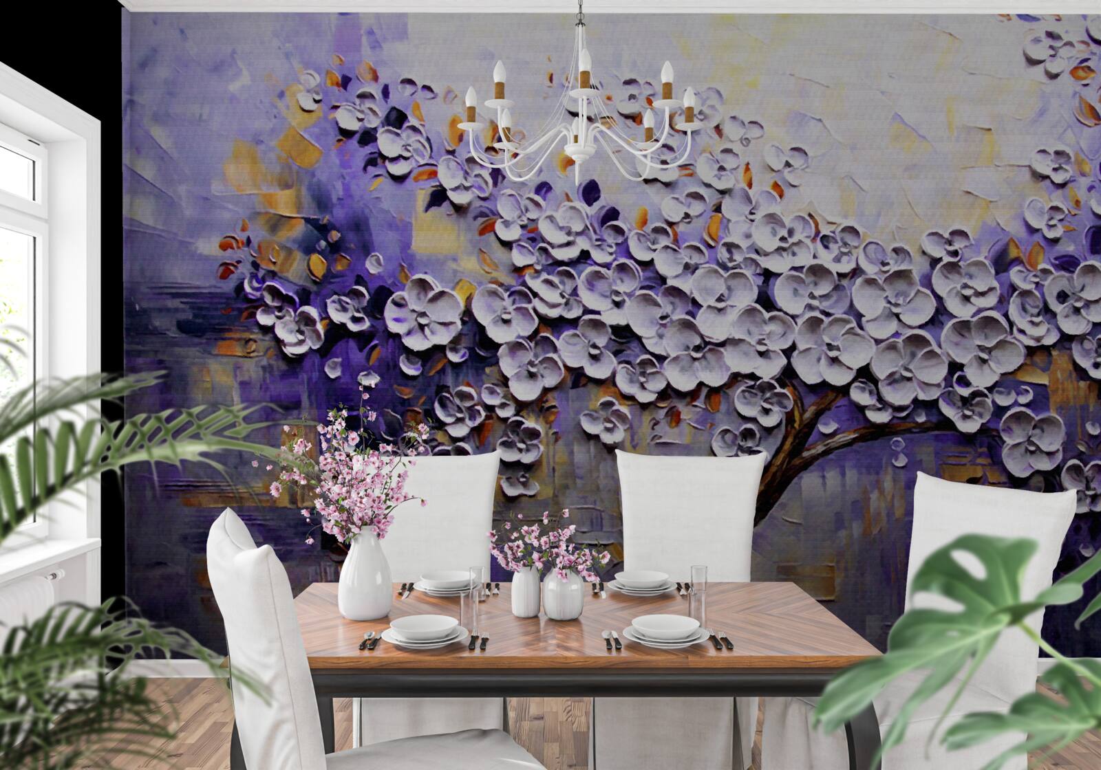 Фотошпалери на дереві розпускаються легкі та яскраві квіти