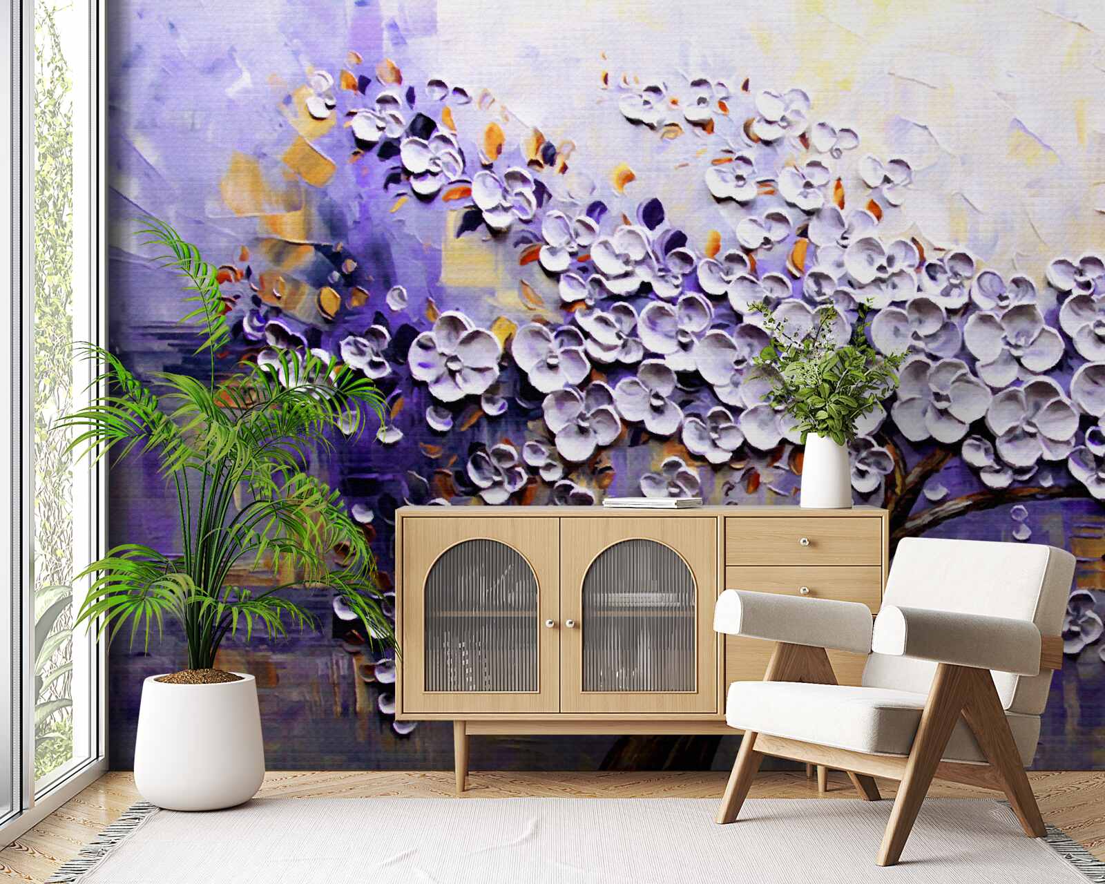 Фотошпалери на дереві розпускаються легкі та яскраві квіти