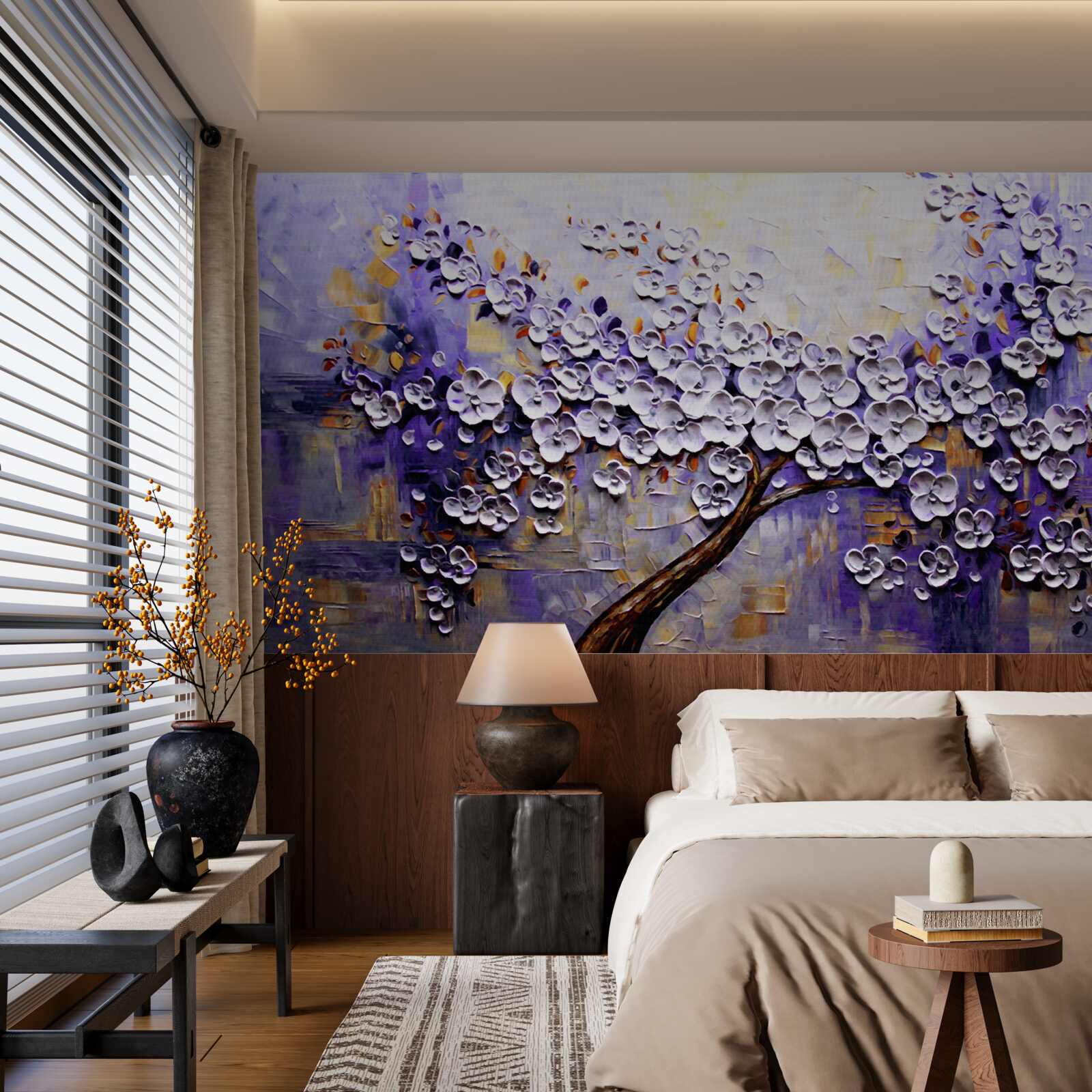 Фотошпалери на дереві розпускаються легкі та яскраві квіти