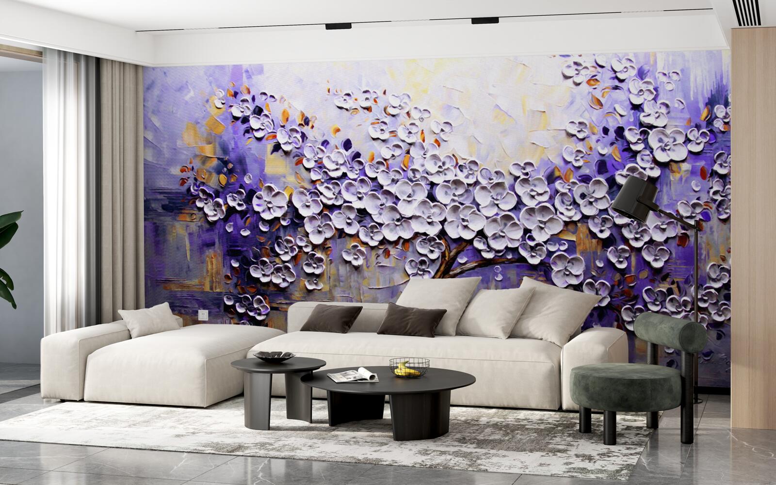 Фотошпалери на дереві розпускаються легкі та яскраві квіти