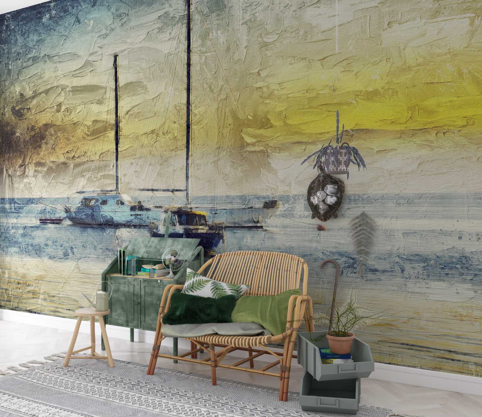 Фотошпалери захід сонця забарвлює яхти в бухті