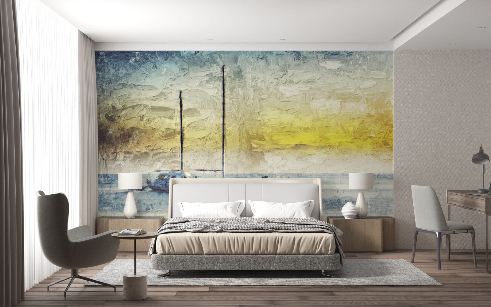 Фотошпалери захід сонця забарвлює яхти в бухті