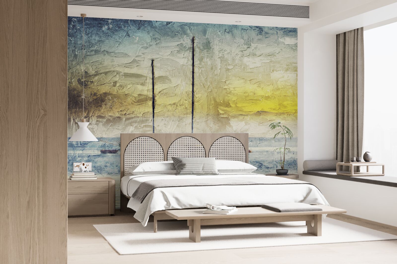 Фотошпалери захід сонця забарвлює яхти в бухті