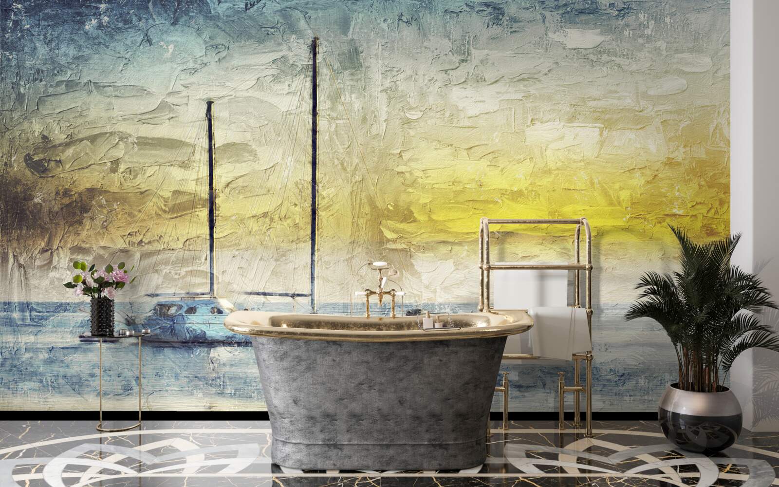 Фотошпалери захід сонця забарвлює яхти в бухті