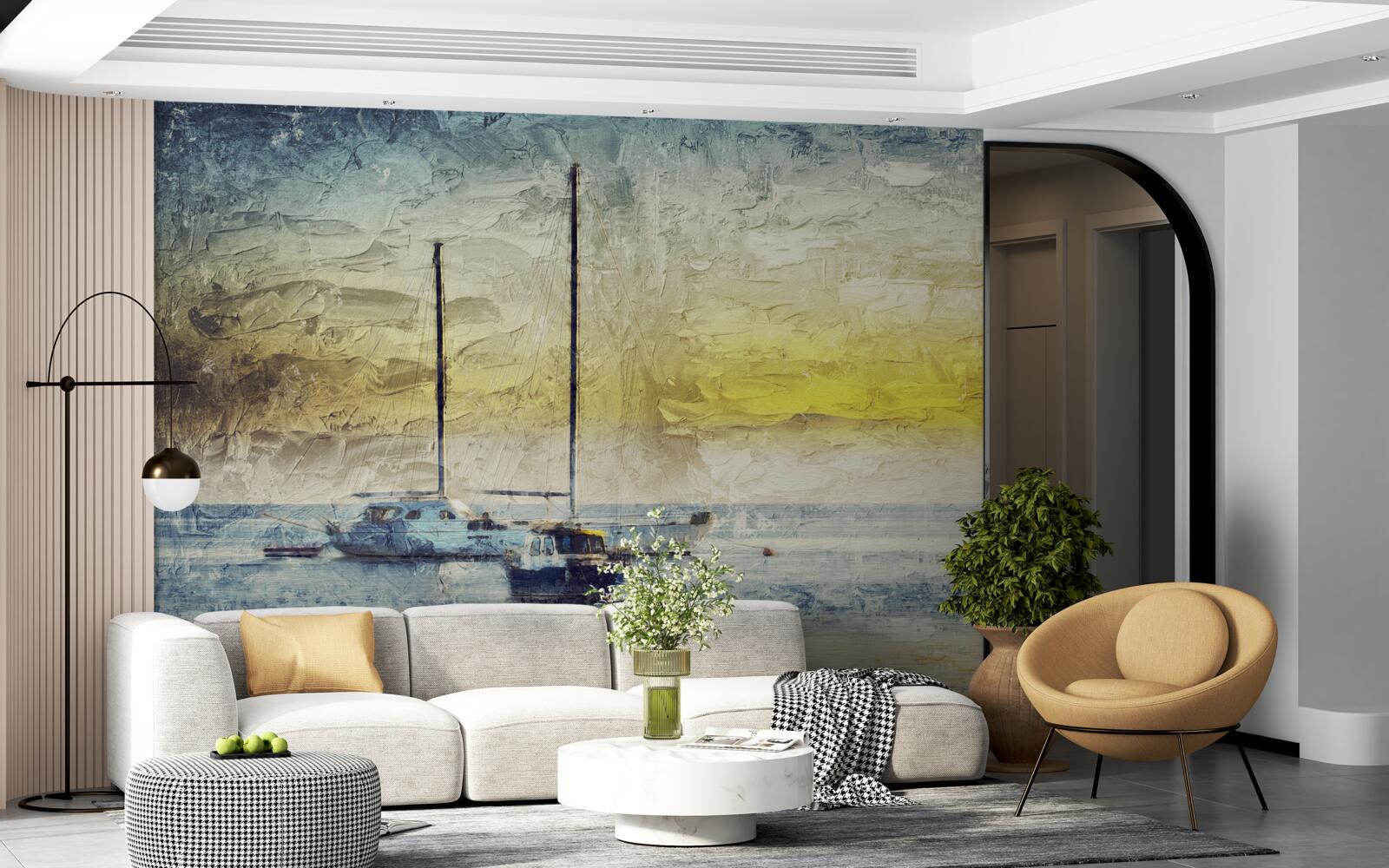 Фотошпалери захід сонця забарвлює яхти в бухті