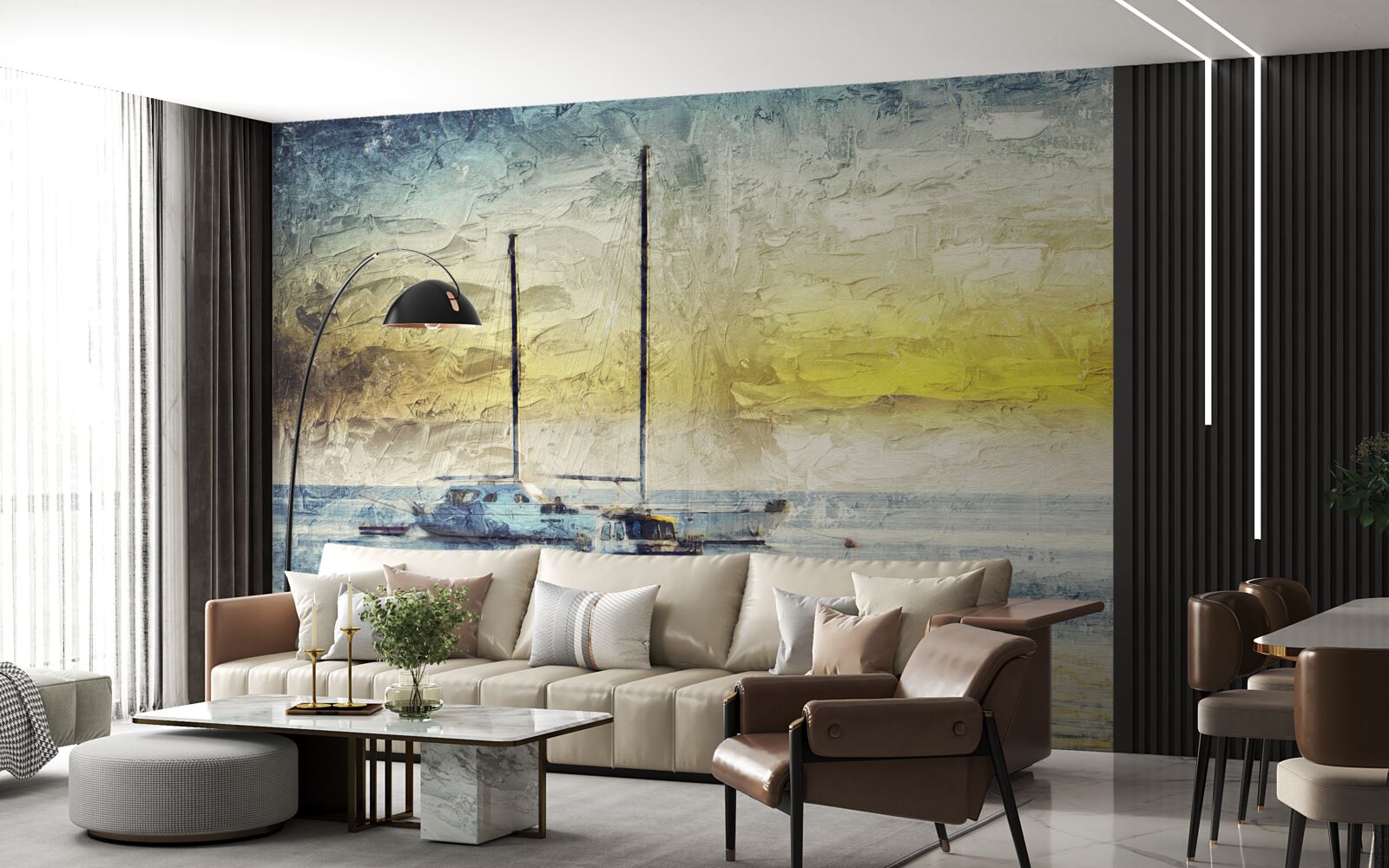 Фотошпалери захід сонця забарвлює яхти в бухті