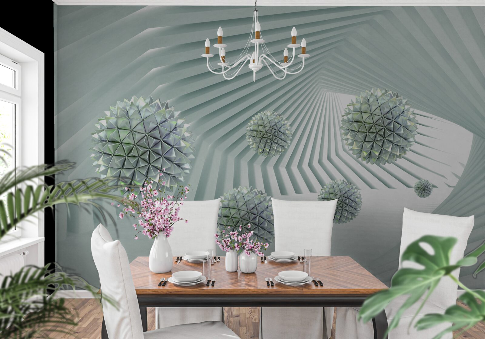 Фотошпалери тунель з геометричним візерунком і літаючими кулями