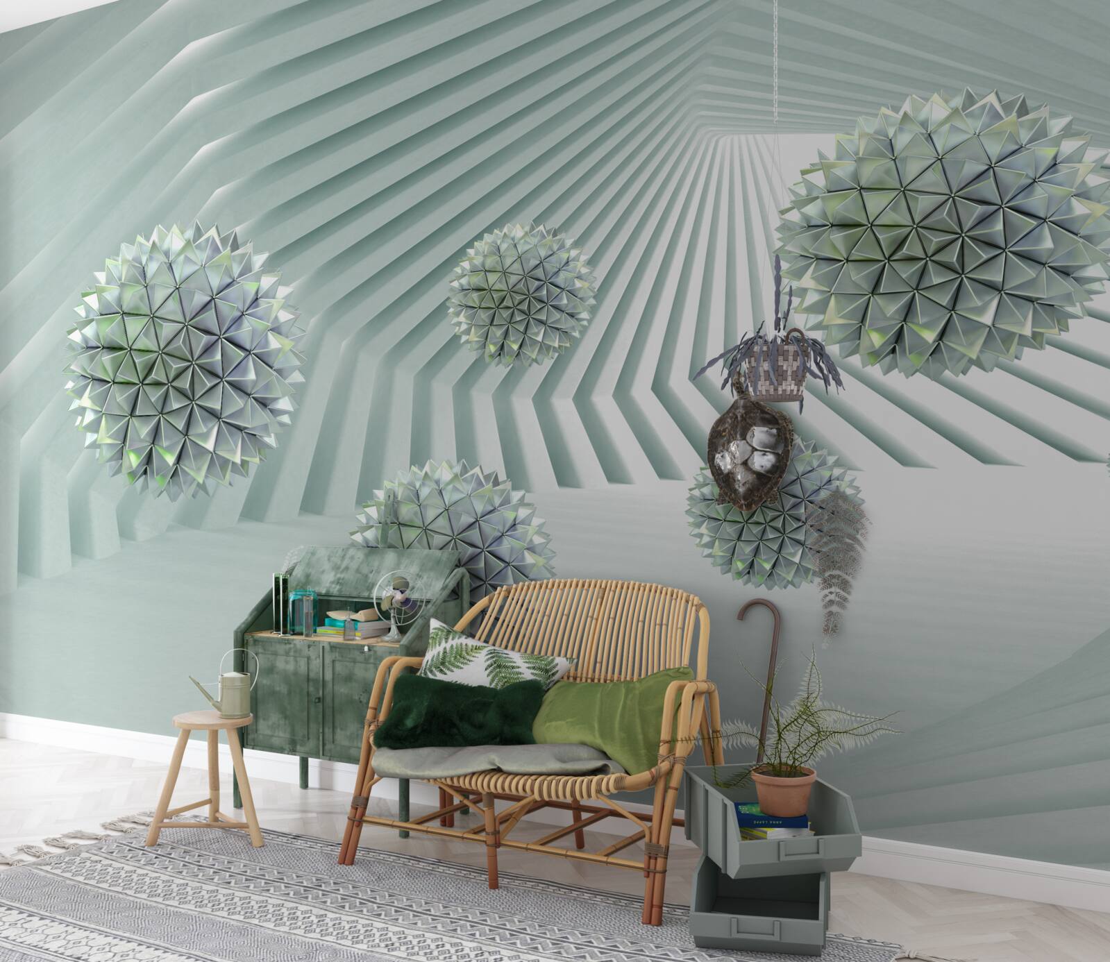 Фотошпалери тунель з геометричним візерунком і літаючими кулями