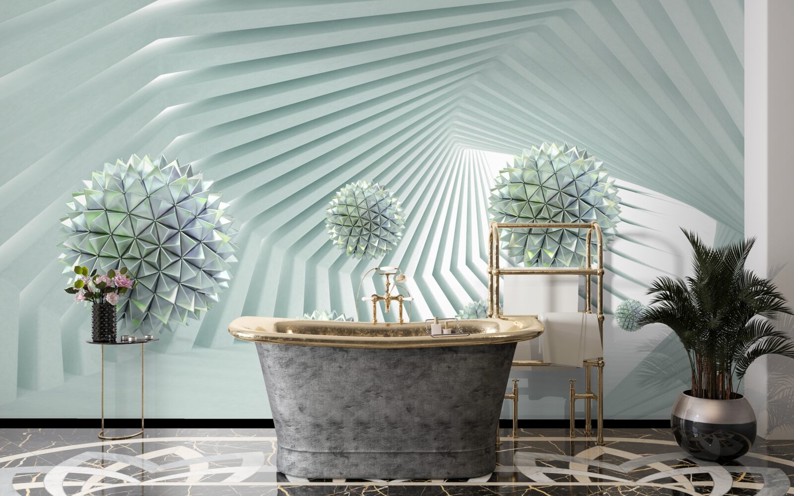 Фотошпалери тунель з геометричним візерунком і літаючими кулями