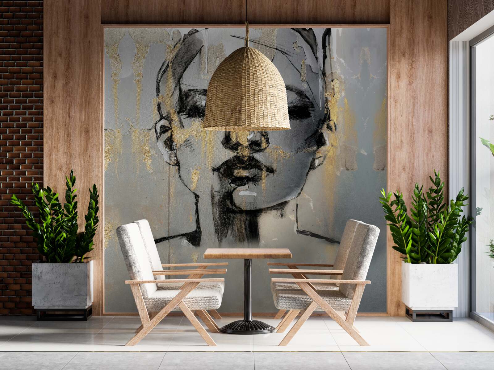 Фотошпалери дівчина малює абстракцію чорною фарбою