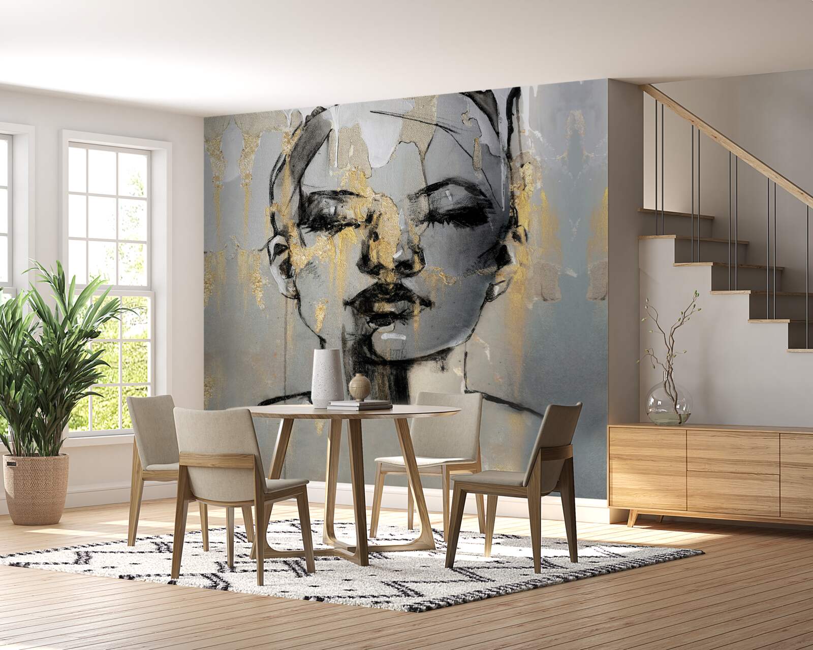 Фотошпалери дівчина малює абстракцію чорною фарбою