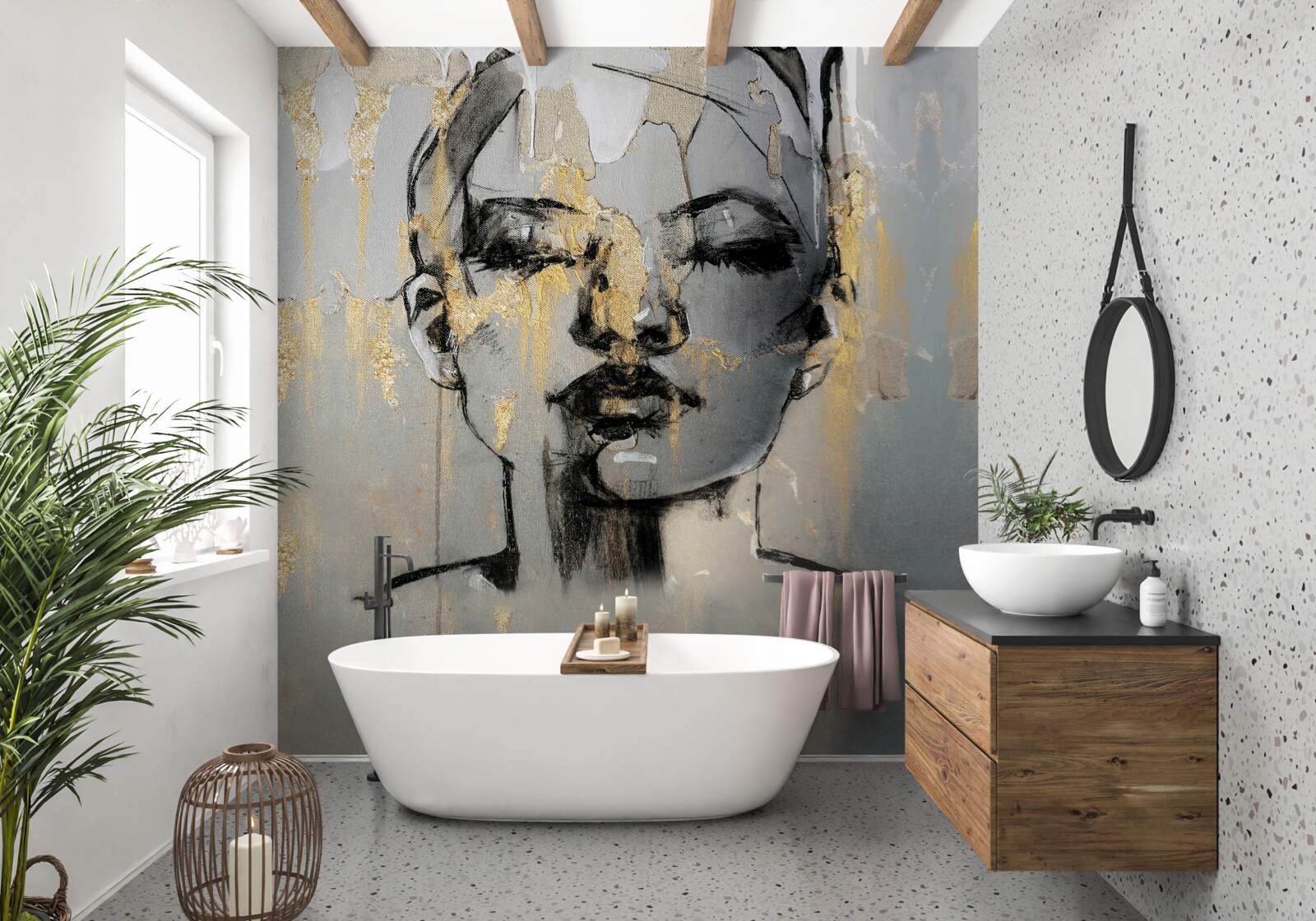 Фотошпалери дівчина малює абстракцію чорною фарбою