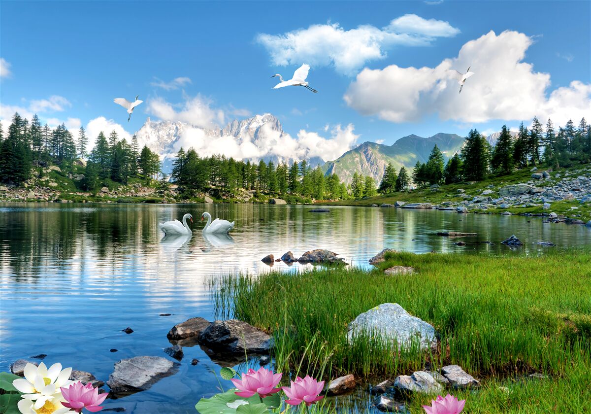 Фотошпалери літній день, спокійні озера в горах