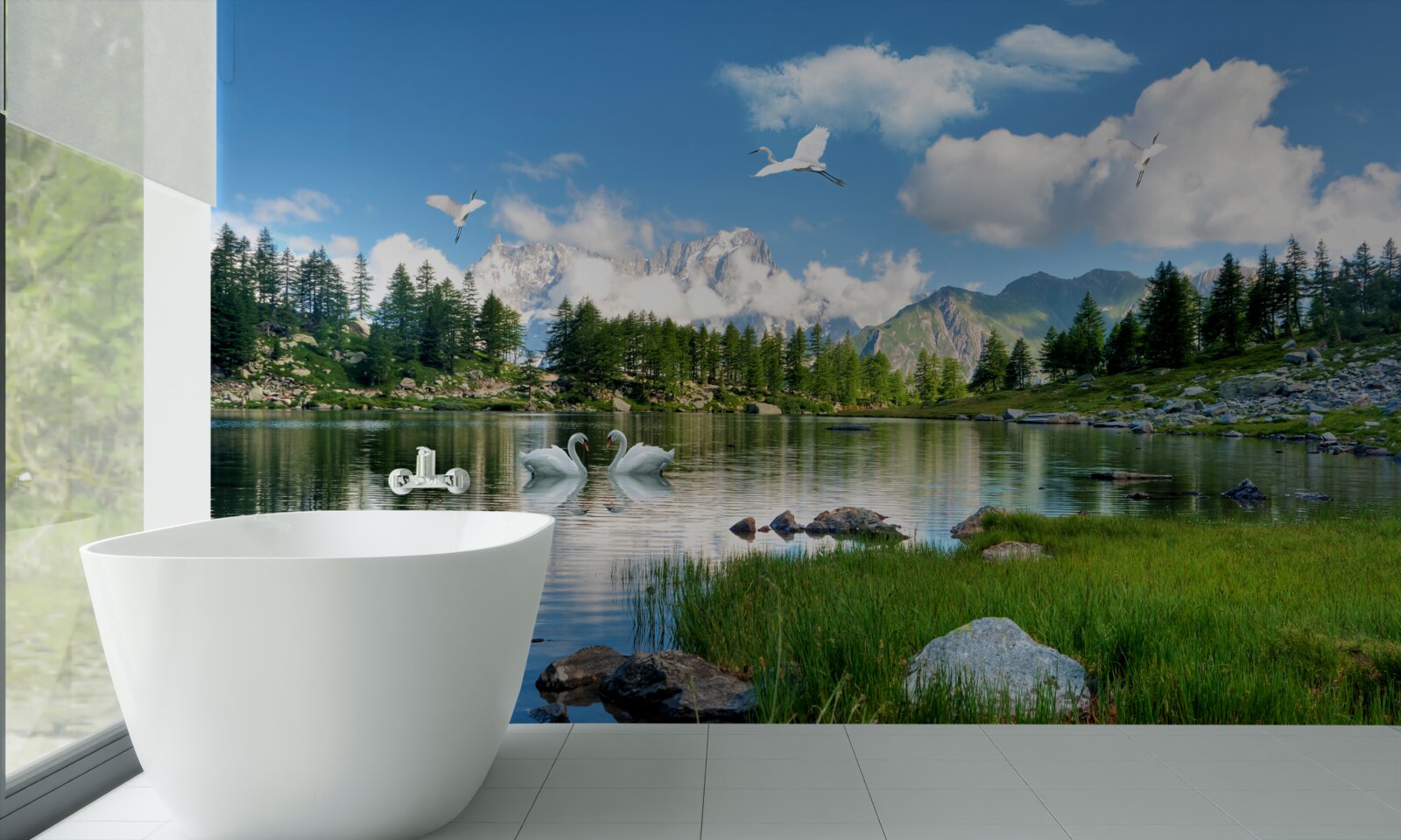 Фотошпалери літній день, спокійні озера в горах