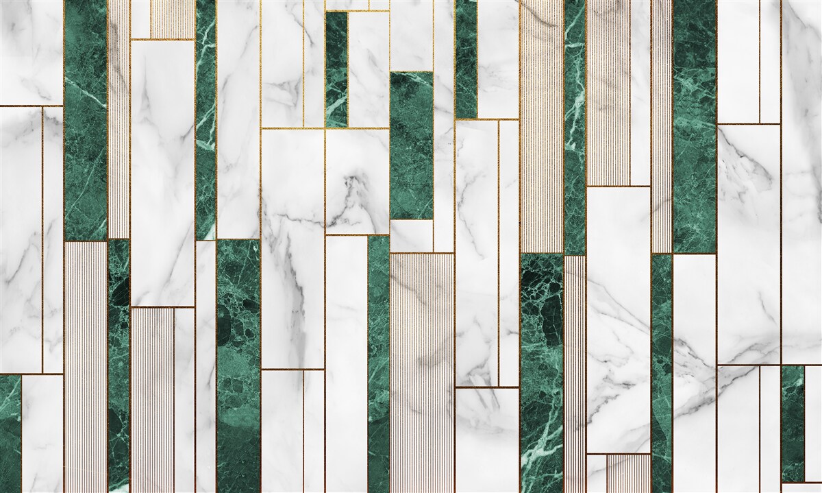 Фотошпалери біло-зелена плитка у вертикальній орієнтації з золотими акцентами
