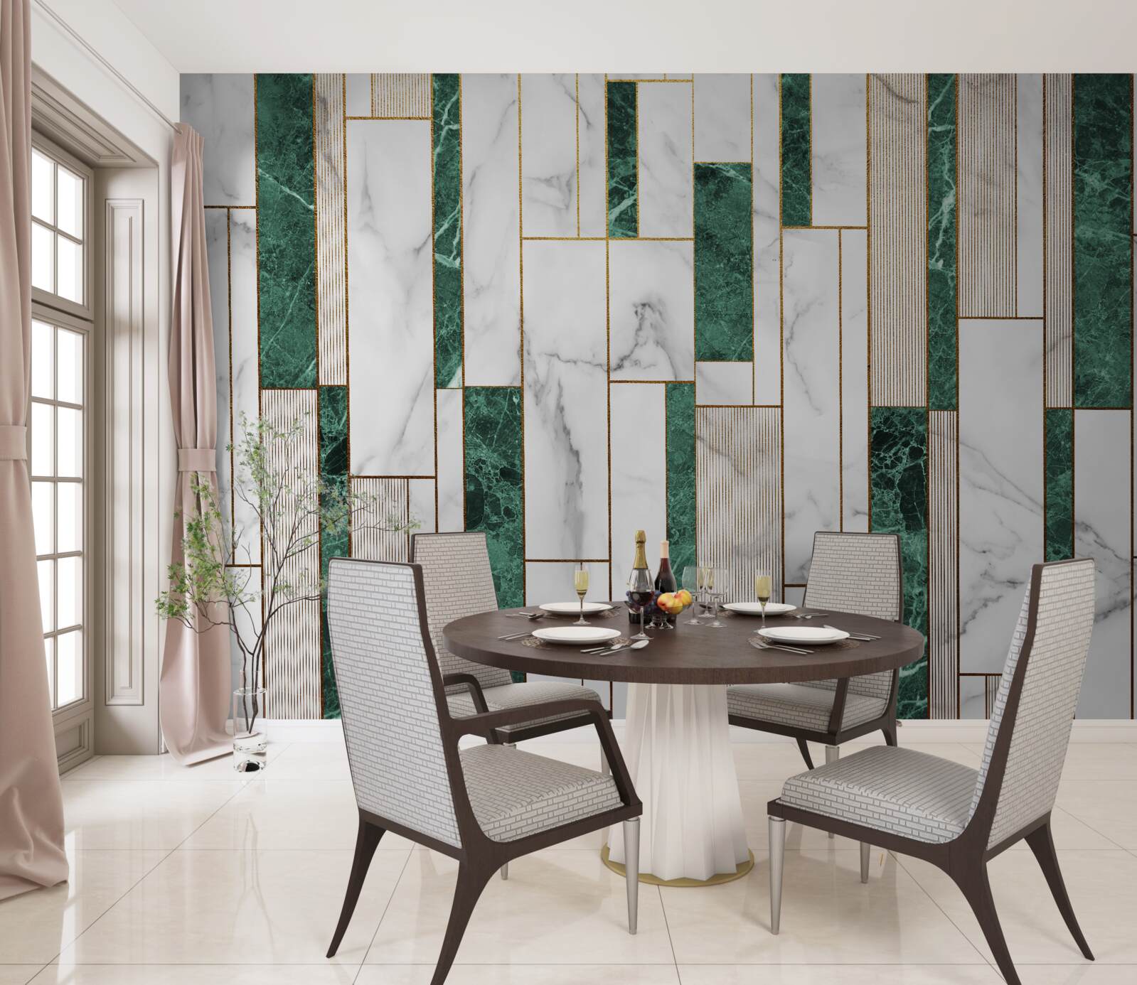 Фотошпалери біло-зелена плитка у вертикальній орієнтації з золотими акцентами