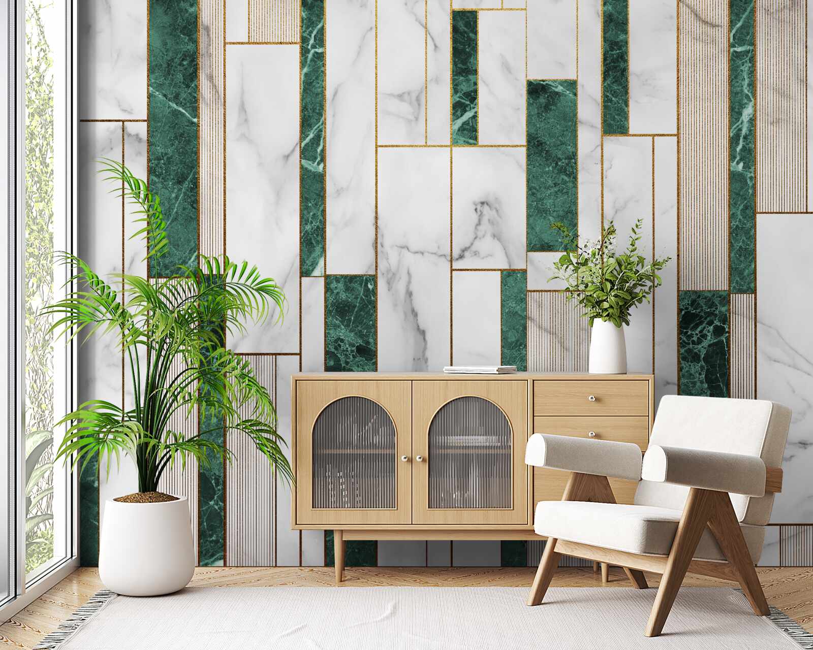 Фотошпалери біло-зелена плитка у вертикальній орієнтації з золотими акцентами