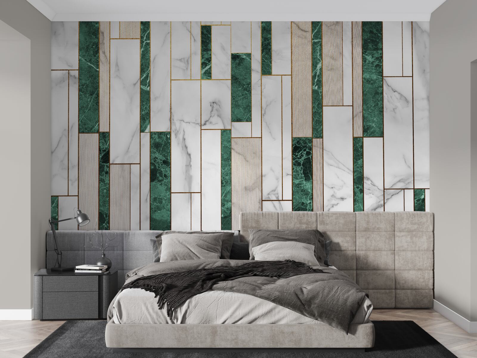 Фотошпалери біло-зелена плитка у вертикальній орієнтації з золотими акцентами