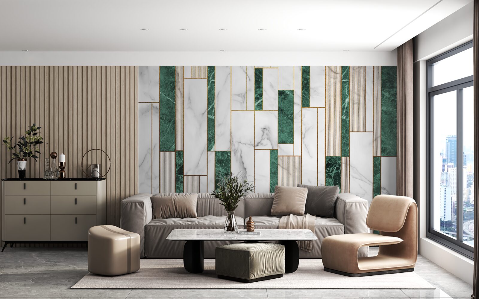 Фотошпалери біло-зелена плитка у вертикальній орієнтації з золотими акцентами