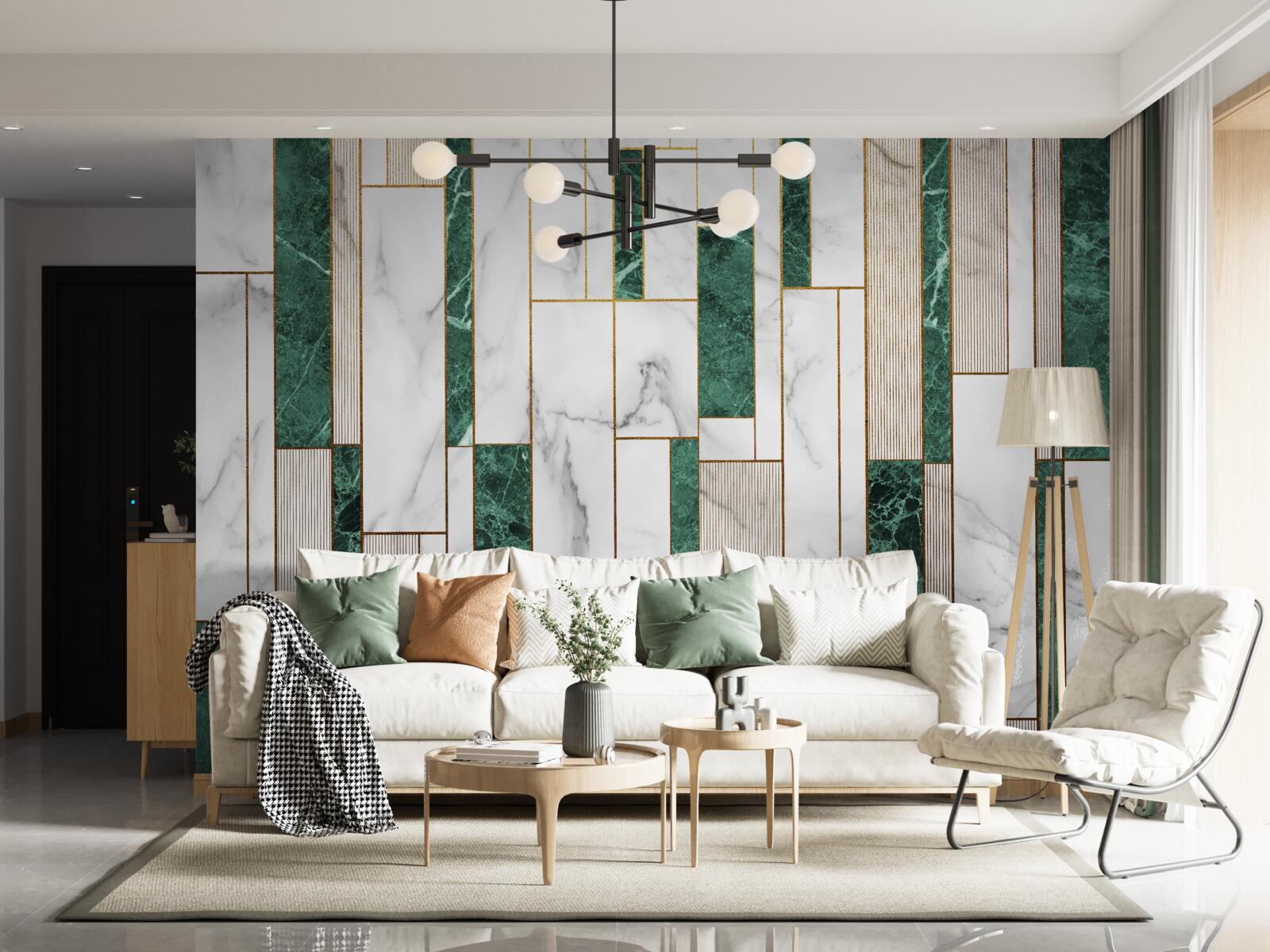 Фотошпалери біло-зелена плитка у вертикальній орієнтації з золотими акцентами