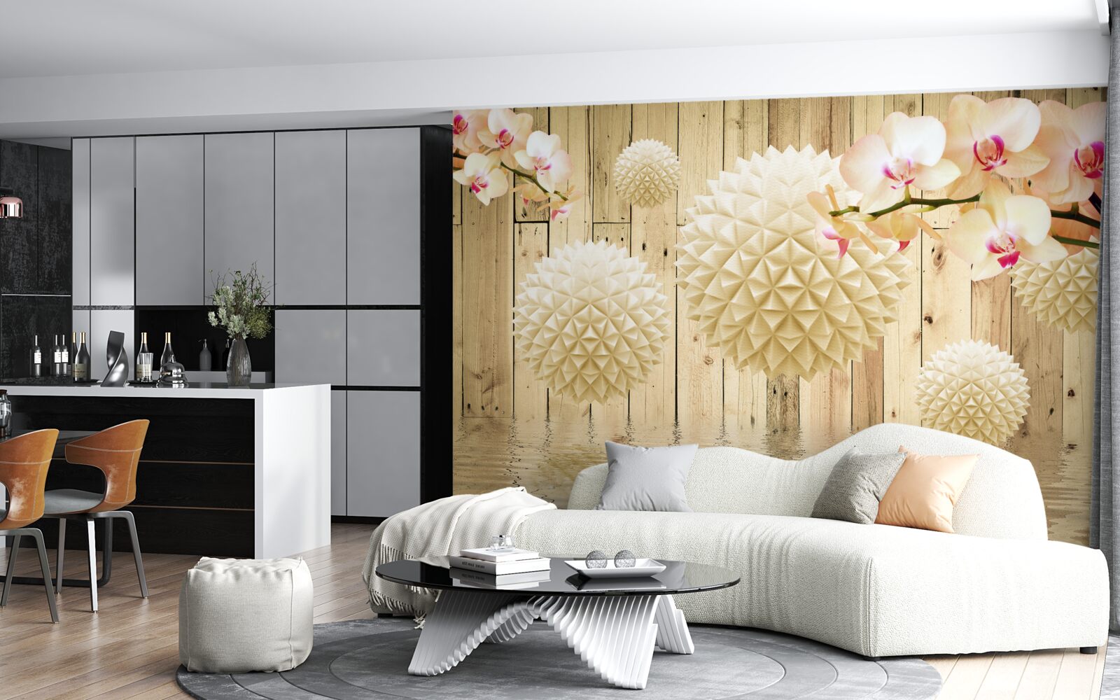 Фотошпалери плаваючі круглі форми з гілками орхідей