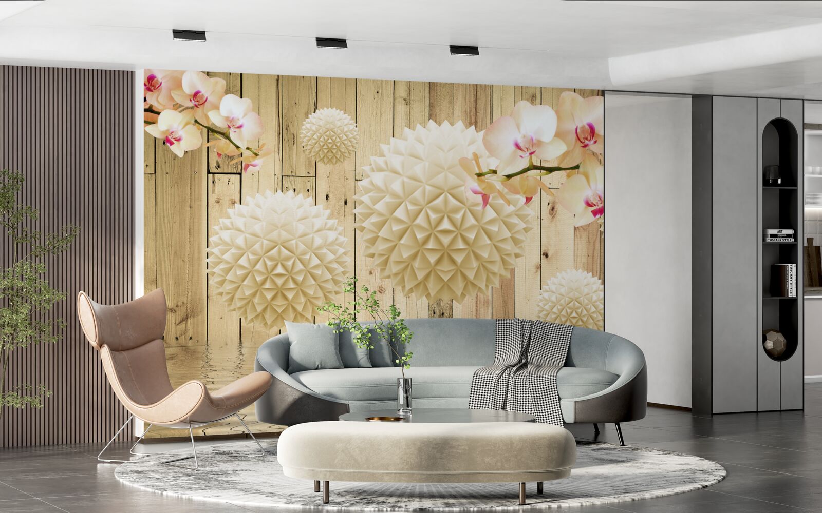 Фотошпалери плаваючі круглі форми з гілками орхідей