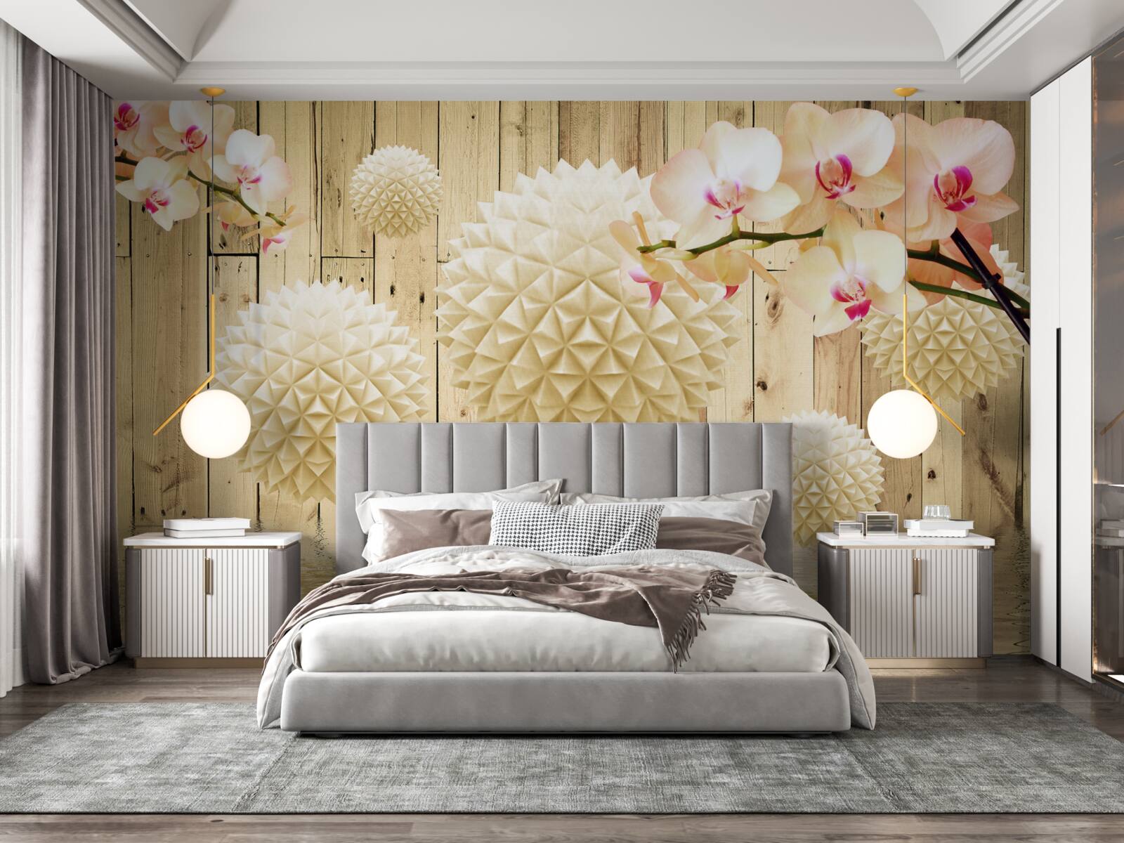 Фотошпалери плаваючі круглі форми з гілками орхідей