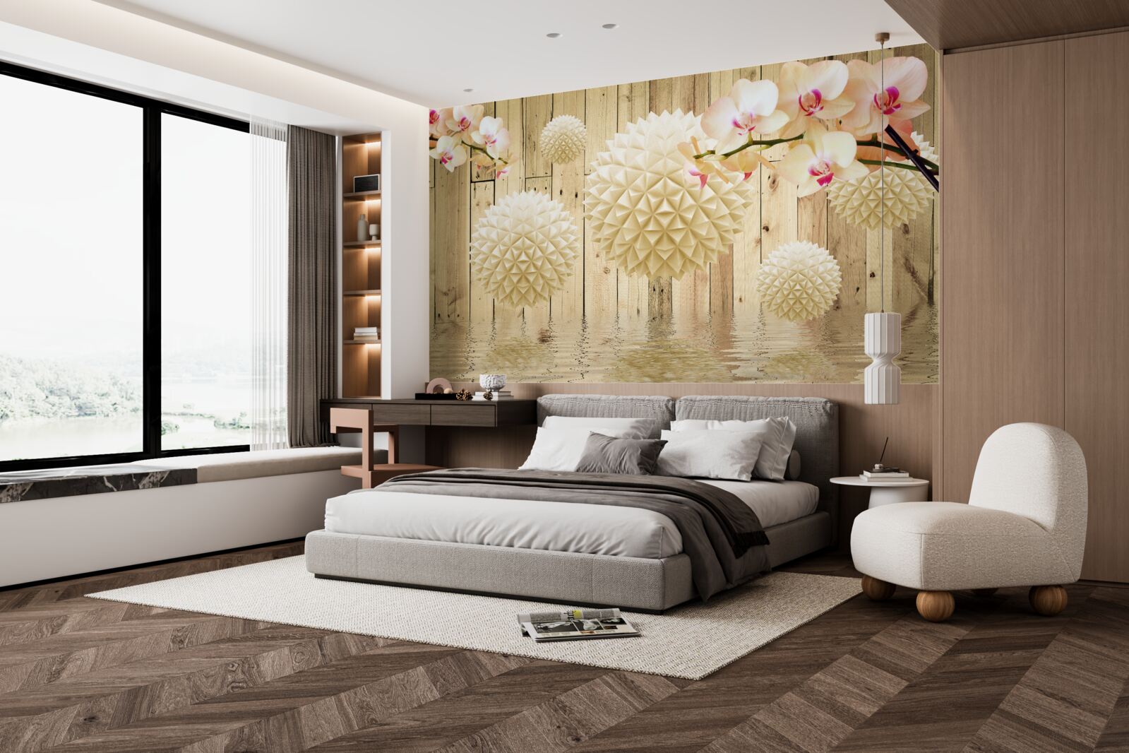 Фотошпалери плаваючі круглі форми з гілками орхідей